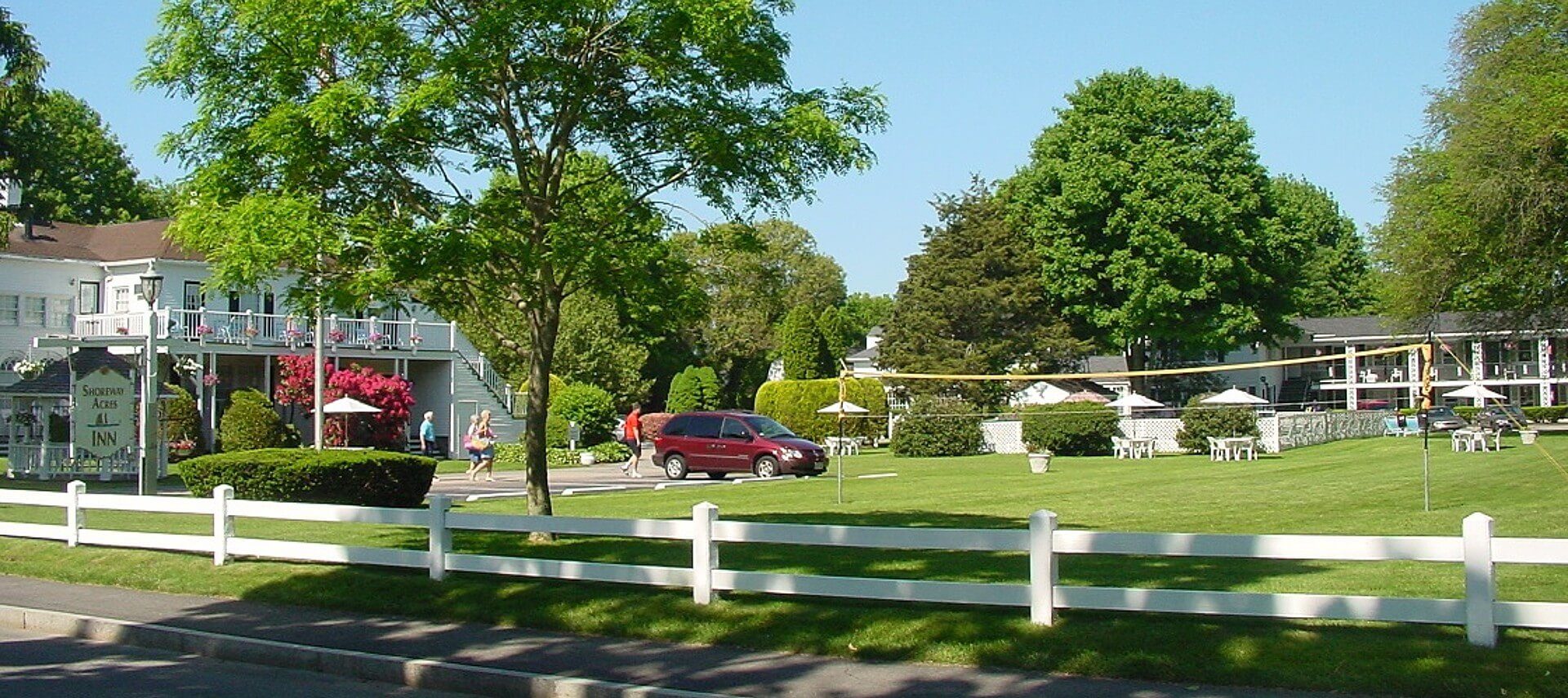 Outdoor lawn area with volleyball net, lots of tall trees and hotel buildings